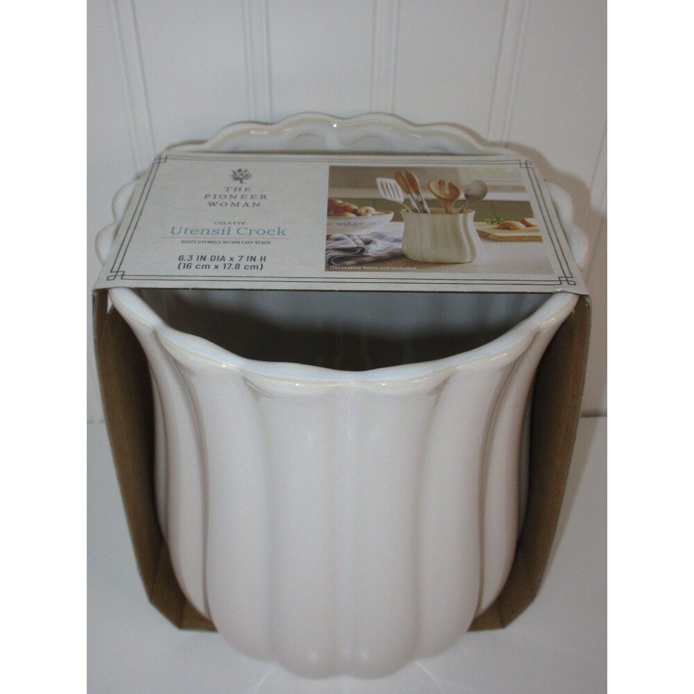 Pioneer Woman Colette Stoneware Utensil Holder White Scalloped Farmhouse Crock - Picture 3 of 11